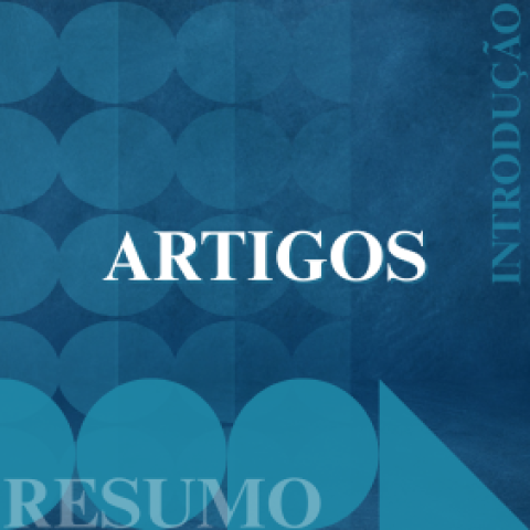 Capa gráfica em tons de azul com formas geométricas. Em destaque, a palavra “artigos”; ao lado, “introdução” na vertical; e “resumo” ao fundo.