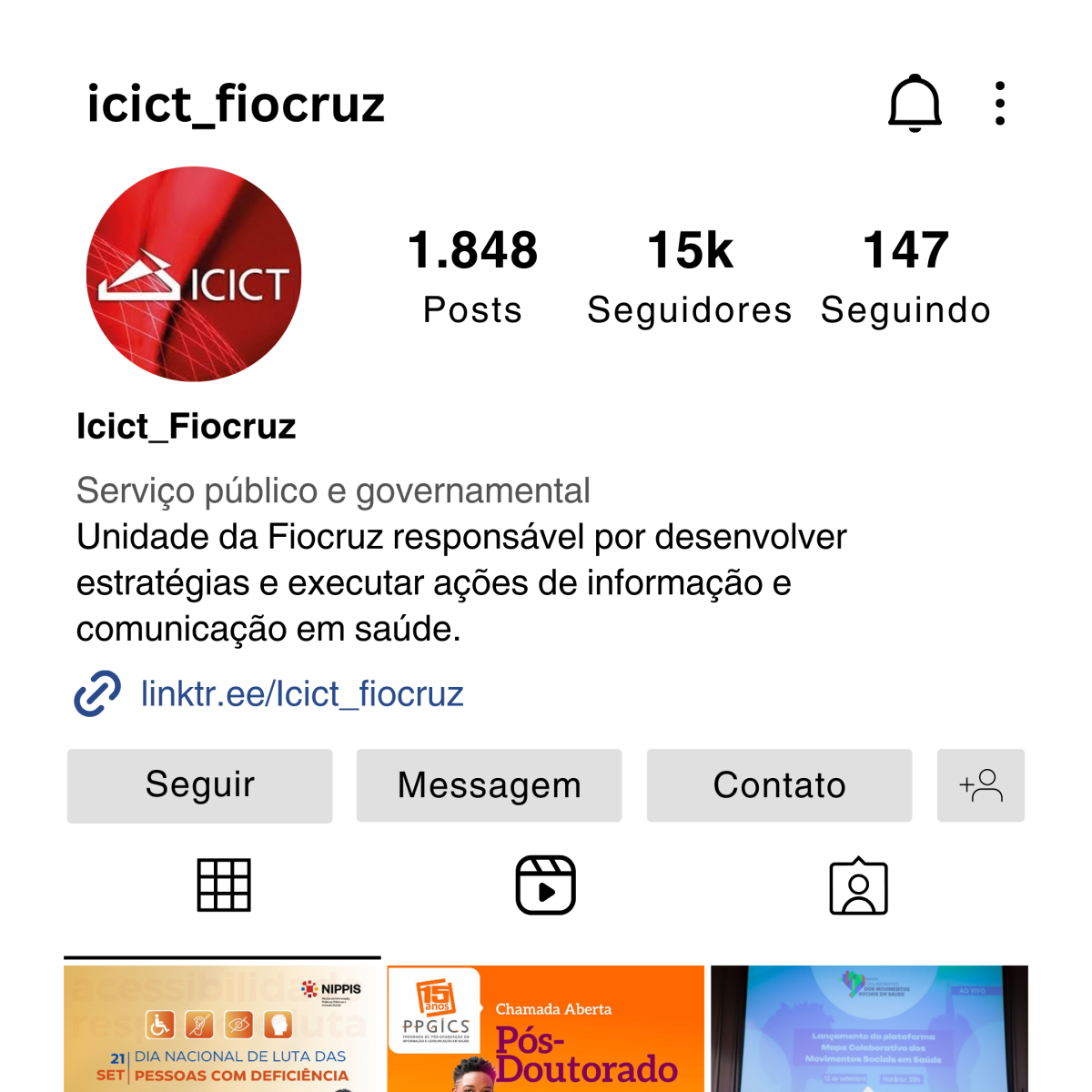 print do perfil do Icict no Instagram mostra 15 mil seguidores